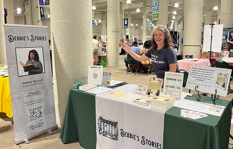 two women holding books, author at table with books, book fair for grownups promo poster