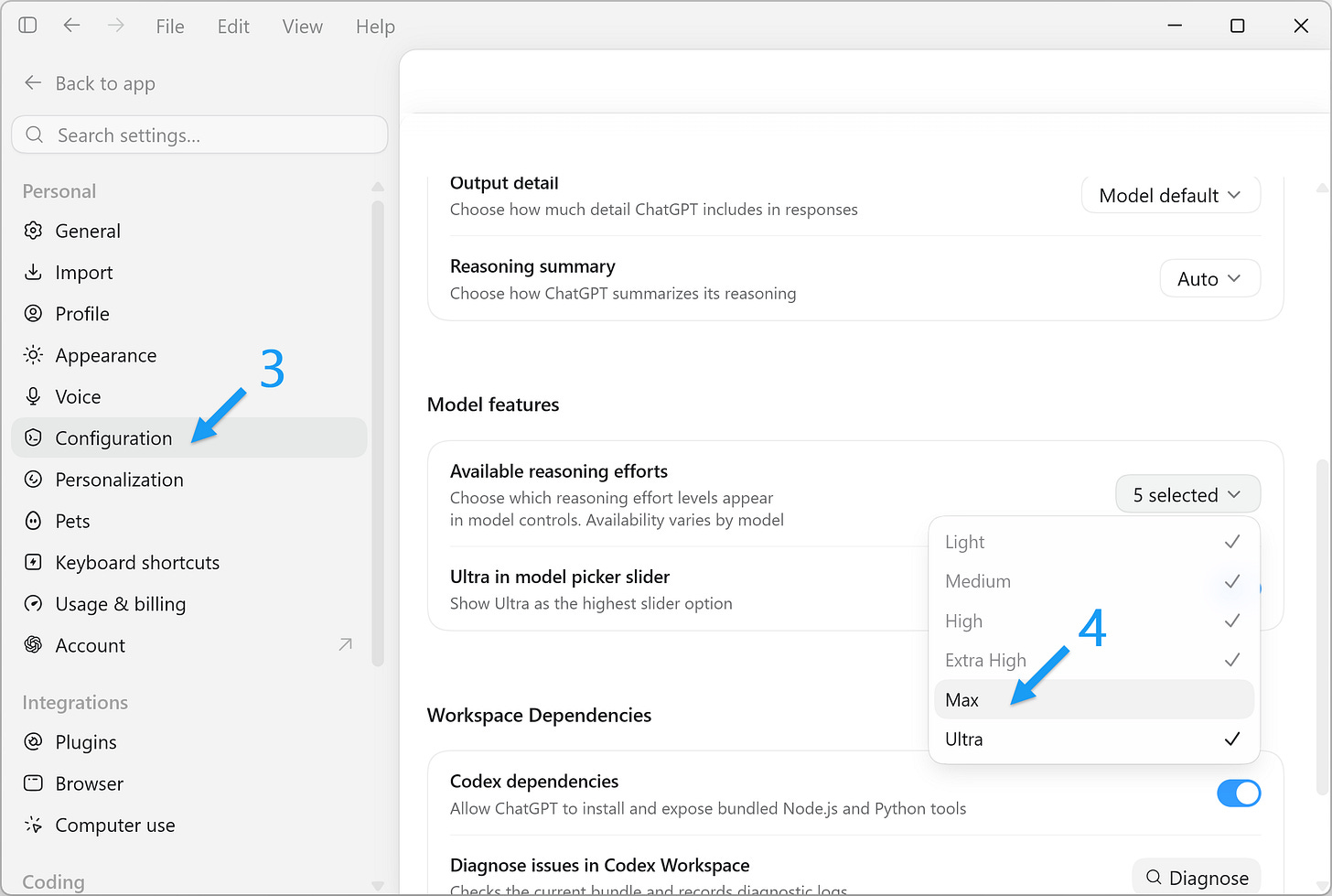 ChatGPT app, Luna, enable max effort, step 2 ChatGPT app, Luna, enable max effort, step 2