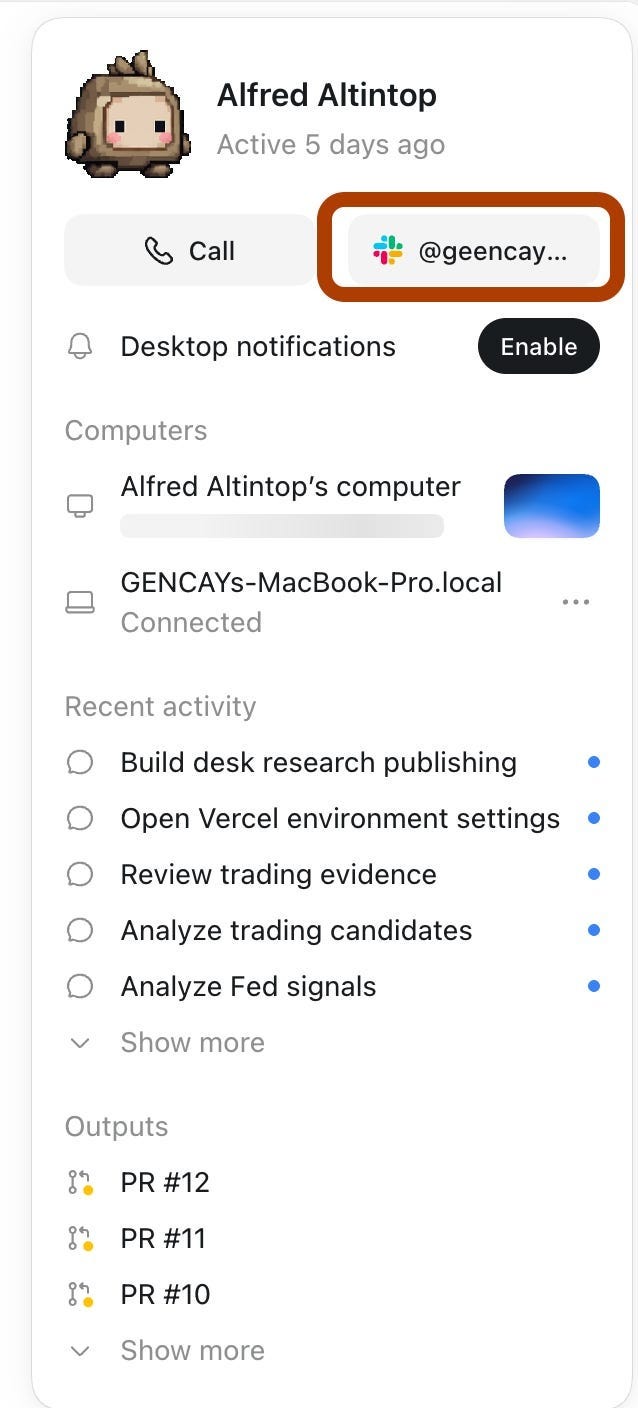 OpenAI Dots profile of Alfred Altintop with the Call and Slack buttons, computers and recent activity