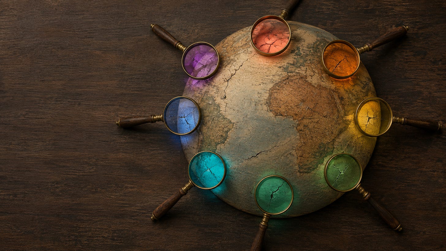 Vintage globe viewed from above, surrounded by eight magnifying glasses with different colored lenses, each highlighting a different part of the world against a dark wooden background.