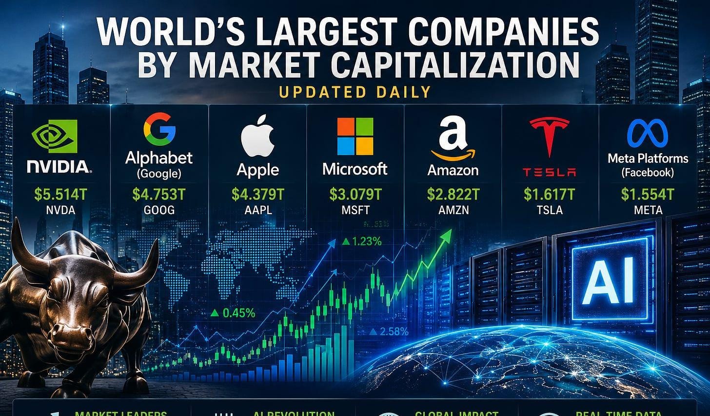 Global corporate market cap rankings featuring NVIDIA, Apple, Microsoft, Amazon and Tesla alongside financial market visuals and AI technology imagery Global corporate market cap rankings featuring NVIDIA, Apple, Microsoft, Amazon and Tesla alongside financial market visuals and AI technology imagery
