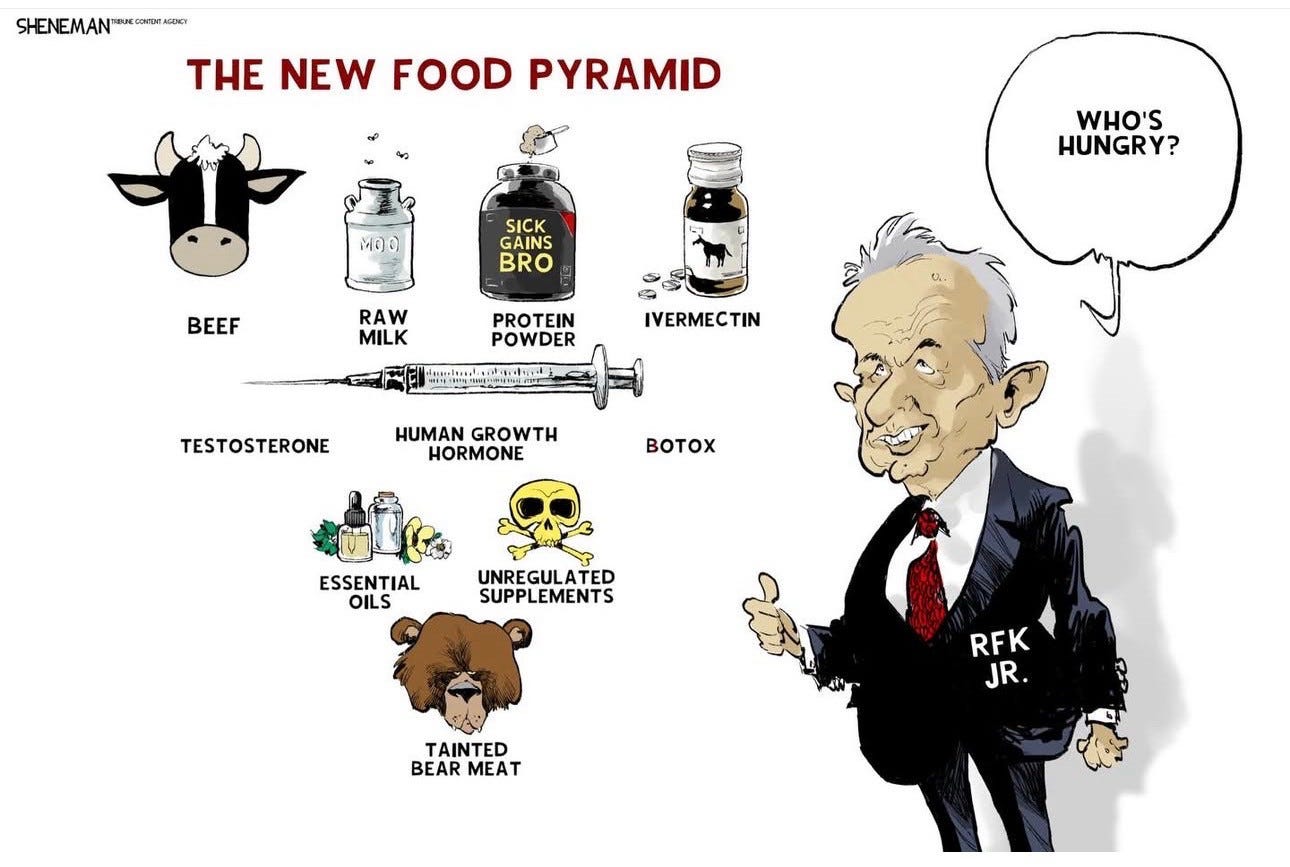 Drew Sheneman cartoon depicting RFK Jr. asking “Who’s hungry?” while introducing “The New Food Pyramid “ including raw milk, ivermectin, protein powder, botox etc… 
