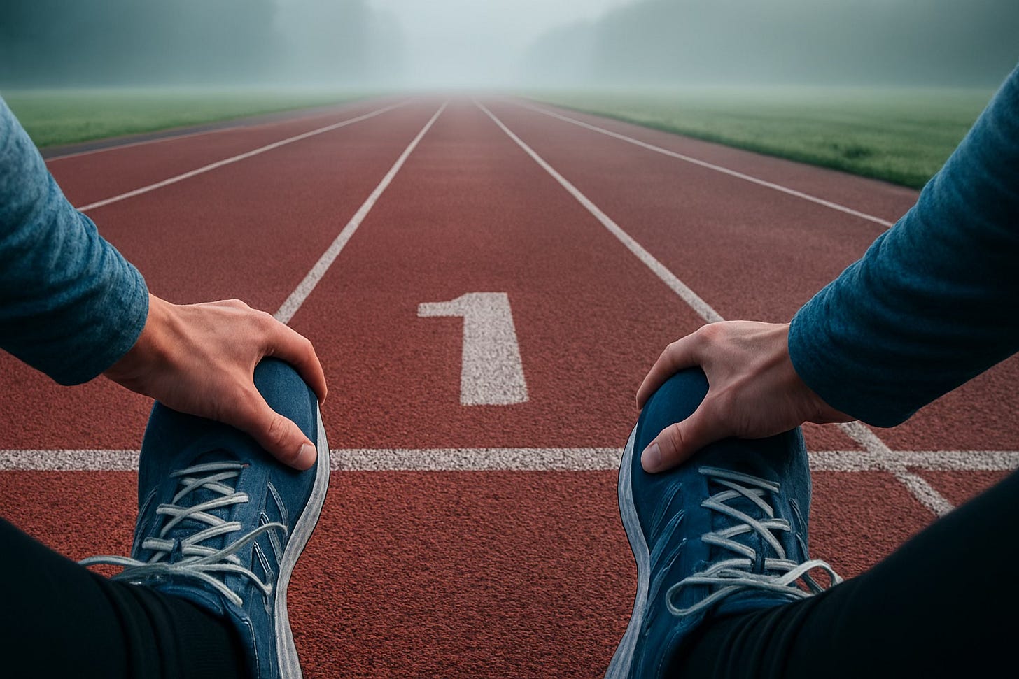 Close-up of running shoes on a track, symbolizing the beginning of a running journey