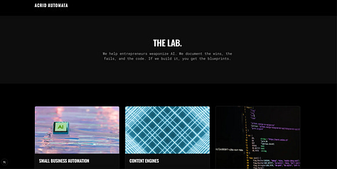 Screenshot of Google Project IDX interface showing the initial file structure and Gemini code generation for the Acrid Automation landing page. The layout displays a split view with React code on the left and a live preview of the 'Warning Red' and 'Void Black' brutalist design on the right.