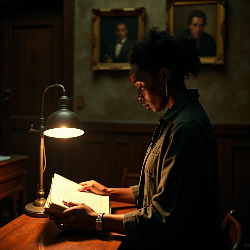 A Jamaican lawyer stands in a dimly lit, atmospheric courtroom, surrounded by worn, wooden accents and faded, colonial-era portraits, as she pores over a thick, leather-bound book, the soft glow of a vintage desk lamp illuminating her determined expression, a warm, golden light casting a cinematic glow A Jamaican lawyer stands in a dimly lit, atmospheric courtroom, surrounded by worn, wooden accents and faded, colonial-era portraits, as she pores over a thick, leather-bound book, the soft glow of a vintage desk lamp illuminating her determined expression, a warm, golden light casting a cinematic glow