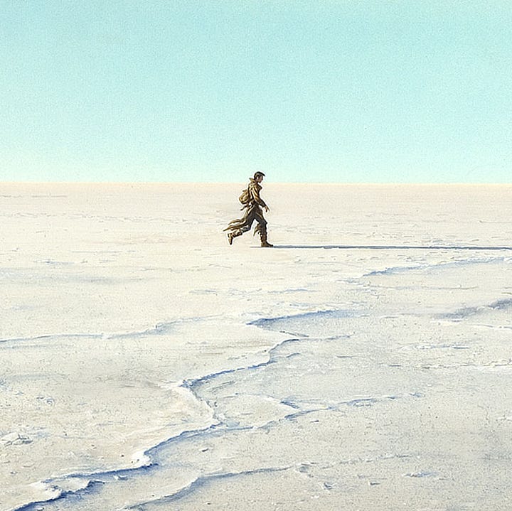 LEFT: Detail from MOHAINE featuring the hardened lines in the alkali desert that wind vein-like back to the gunslinger. RIGHT: Close detail from MOHAINE featuring Roland striding across the barren white desert with his long shadow preceding him. His head barely tops the horizon with the tranquil sky above desaturated cyan.