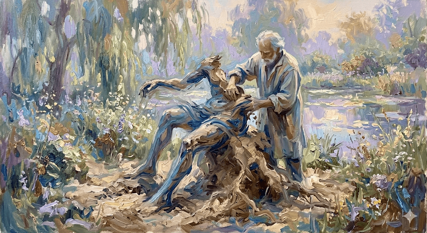 An oil painting depicting an older, bearded Creator figure gently interacting with a struggling, sculpted human form in a lush, pastoral landscape, symbolizing the relationship between the Author and his creation. An oil painting depicting an older, bearded Creator figure gently interacting with a struggling, sculpted human form in a lush, pastoral landscape, symbolizing the relationship between the Author and his creation.