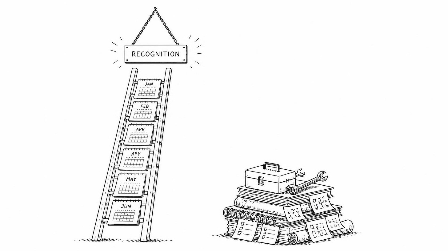 Tall calendar-page ladder versus short dense stack of real work