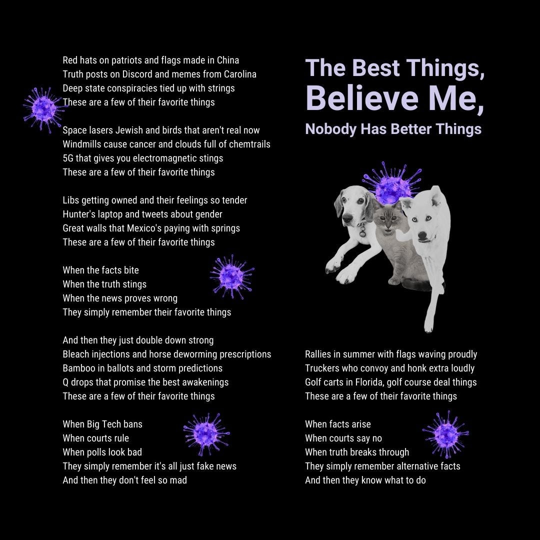 A darkly satirical parody of 'My Favorite Things' displays lyrics chronicling modern conspiracy theories, from Chinese-made MAGA hats to Jewish space lasers, decorated with ominous purple virus particles. The WAG TEAM pets watch disapprovingly from the corner, probably wondering how we got here.
