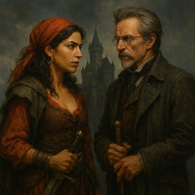Create an image of Ezmerelda and Van Richten speaking together with Castle Ravenloft looming in the background. Use their established feature palettes: Ezmerelda sharp-featured with dark eyes, confident posture, and her arcane brass prosthetic leg; dressed in her dark red and gold layered attire. Van Richten lean and angular with ash-gray hair swept back, a short silver-flecked beard, deep-set intense eyes, and a long dark coat lined with protective sigils. They stand close, speaking in low, conspiratorial tones. Castle Ravenloft rises behind them—towering spires, gothic stone, and storm-lit clouds. Candlelight or lantern glow illuminates their faces, emphasizing tension and resolve. No resemblance to real actors.