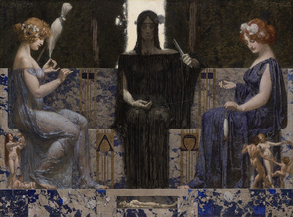 Pintura a óleo de fundo escuro. No primeiro plano, três mulheres estão sentadas em uma espécie de pedaço de auditório de mármore com manchas azuis. Duas estão poisicionadas de lado, na direita e na esquerda, vestido mantos azuis. A do meio está de frente para quem olha a pintura e está vestida de preto. Segue uma descrição dos significados, traduzida de uma explicação no site de origem na internet: Cloto ("fiandeira"), Láquesis ("alocador") e Átropos ("o invertível", uma metáfora para a morte). Cloto ("fiandeira") fiava o fio da vida de sua roca em seu fuso. Lachesis ("distribuidora") media o fio da vida atribuído a cada pessoa com sua vara de medir. Atropos ("a que não pode ser virada") era a cortadora do fio da vida. Ela escolhia a forma de morte de cada pessoa e, quando chegava a hora, cortava o fio da vida com "suas tesouras abomináveis".