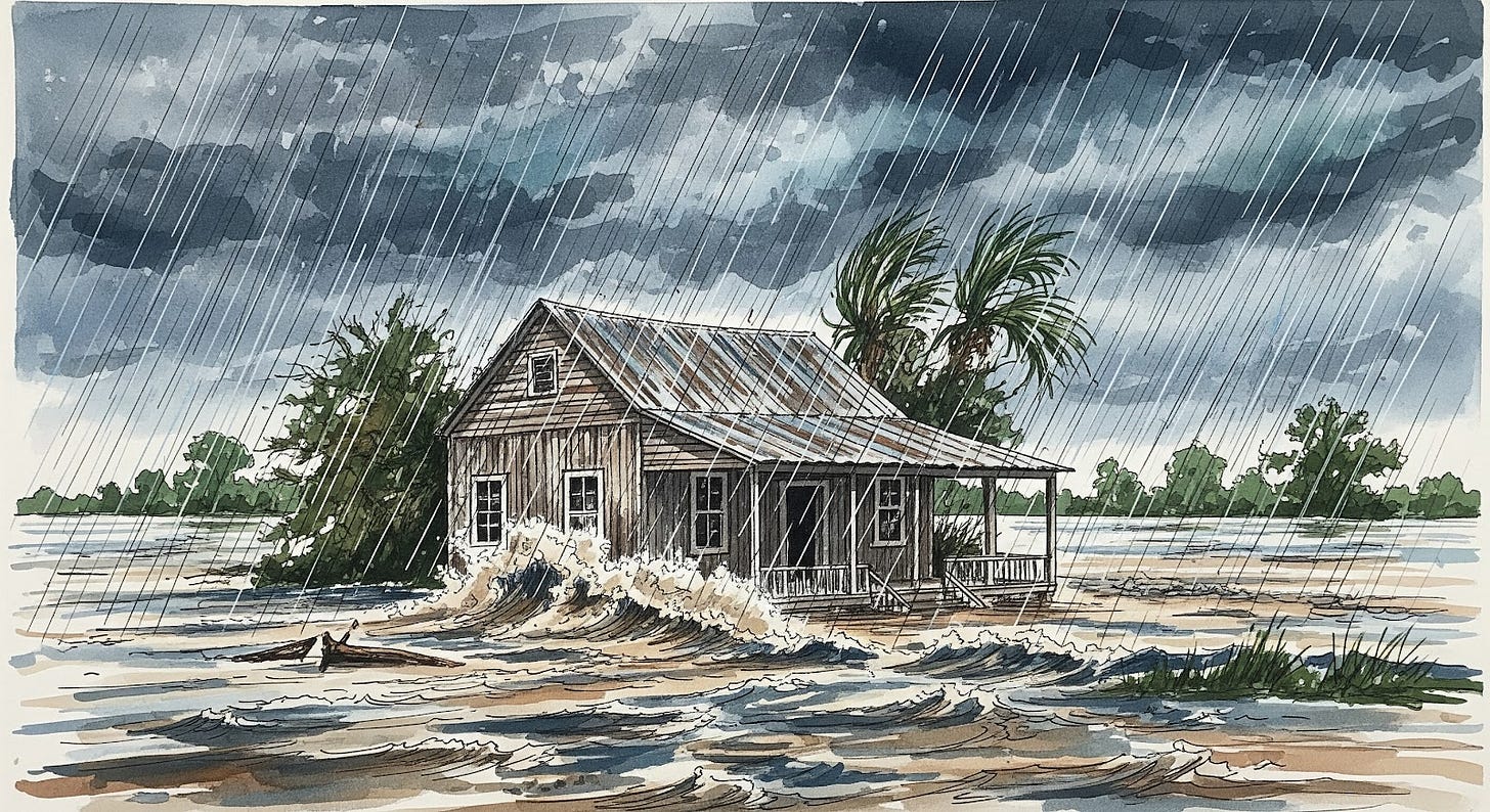 Image of a Cajun home in the flood plain during the Great Flood of 1927.