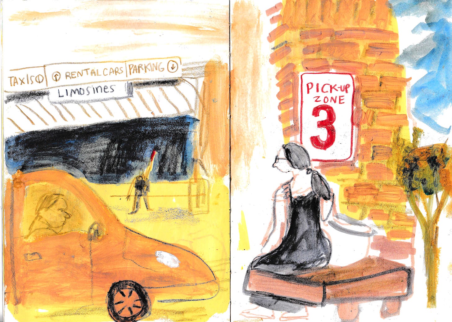 sketchbook illustration of woman waiting at Albany Airport by Beth Spencer