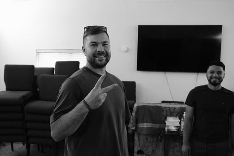 9 photos from the interview day with David. Photos feature Claire, Murray, Garrett, Jody, & David on set in the church sanctuary.