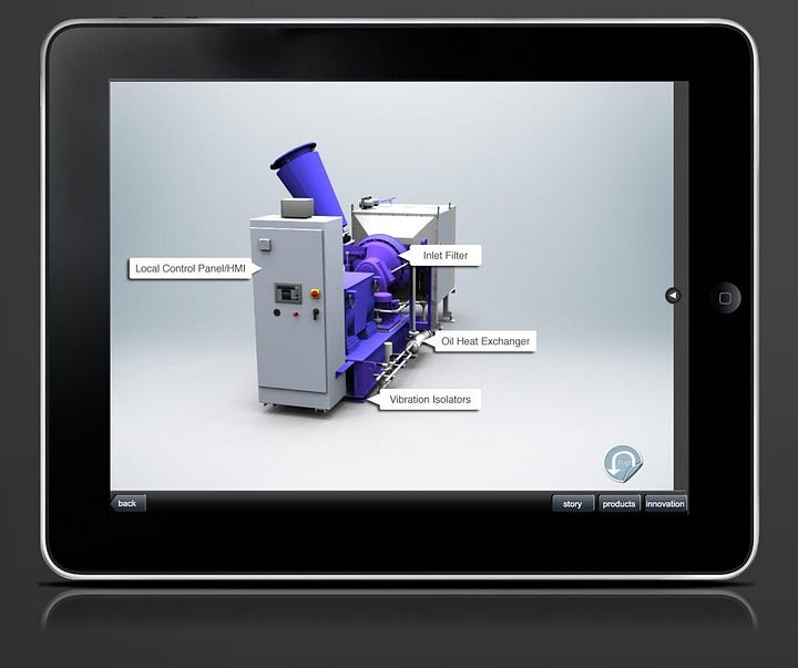 Turblex commissioned Dan Blincoe to create a marketing app to demonstrate their water-aeration technology. Dan Blincoe created 360-degree images of the major products that Turblex provides, specifications on the products, and an interactive water treatment facility that allowed the Turblex blowers turbine blades to be rotated to allow different degrees of aeration depending on water composition.