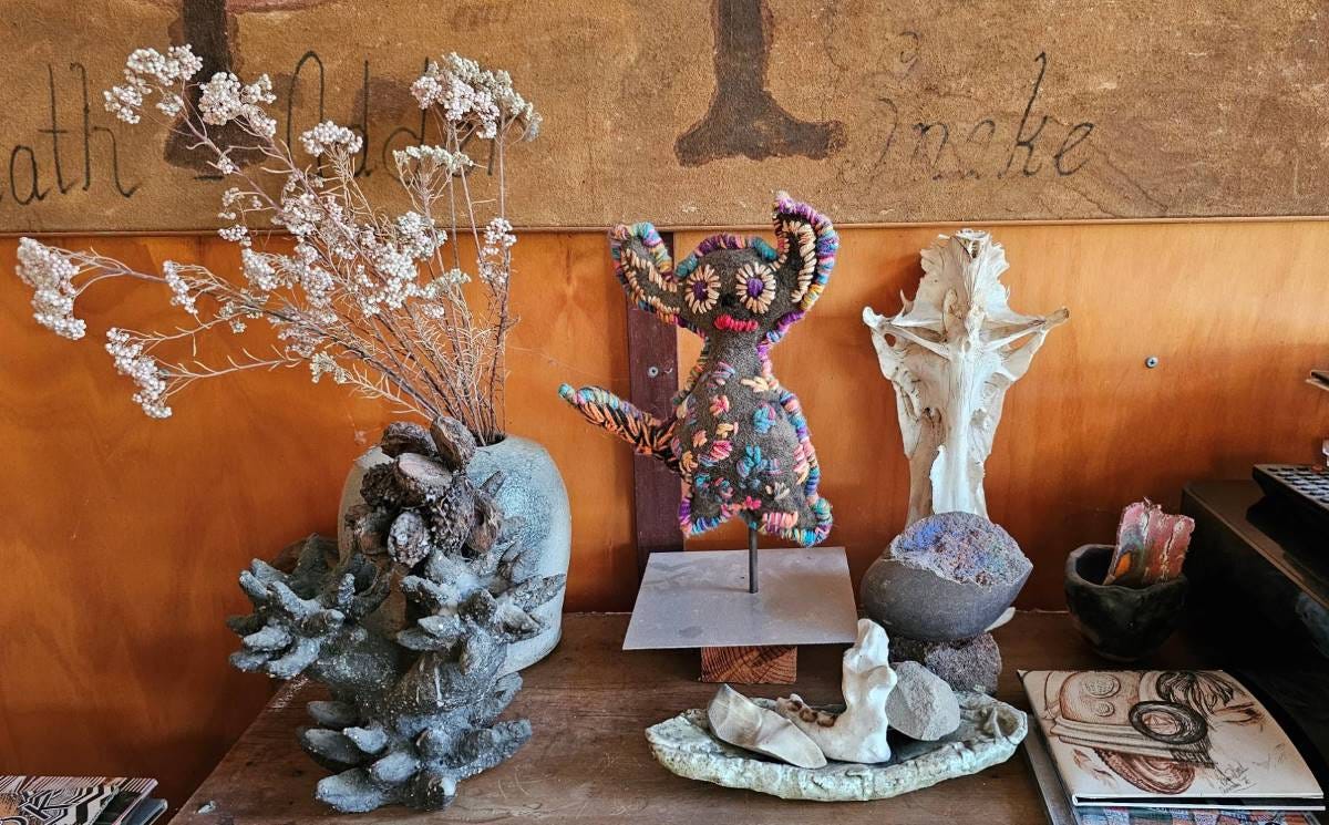 found objects on a shelf