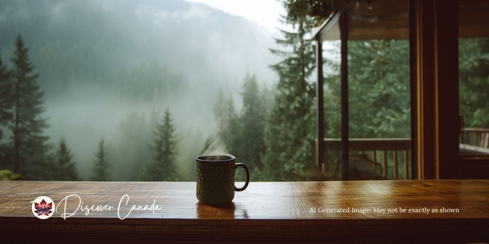 Steaming coffee mug on a mountain café table overlooking a misty pine forest in British Columbia. Steaming coffee mug on a mountain café table overlooking a misty pine forest in British Columbia.