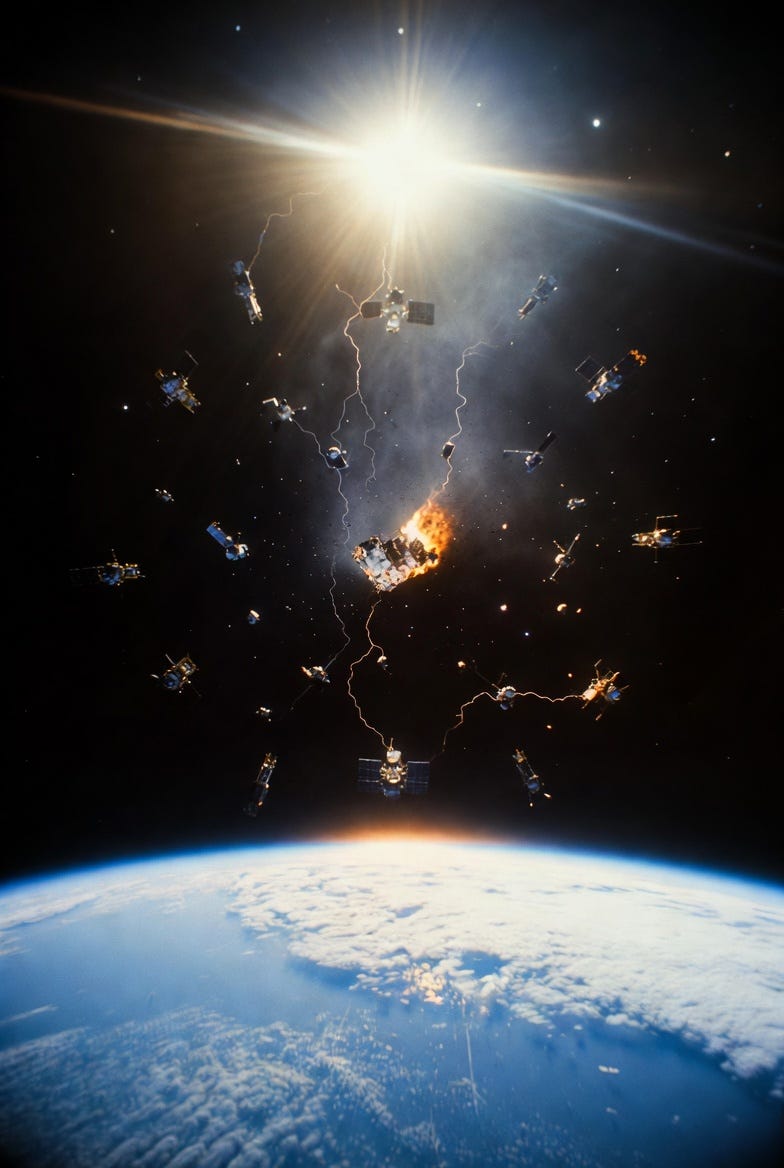 A cinematic space photograph of Earth's orbit as a sacred cathedral, with satellites and debris in a divine, transformative scene.