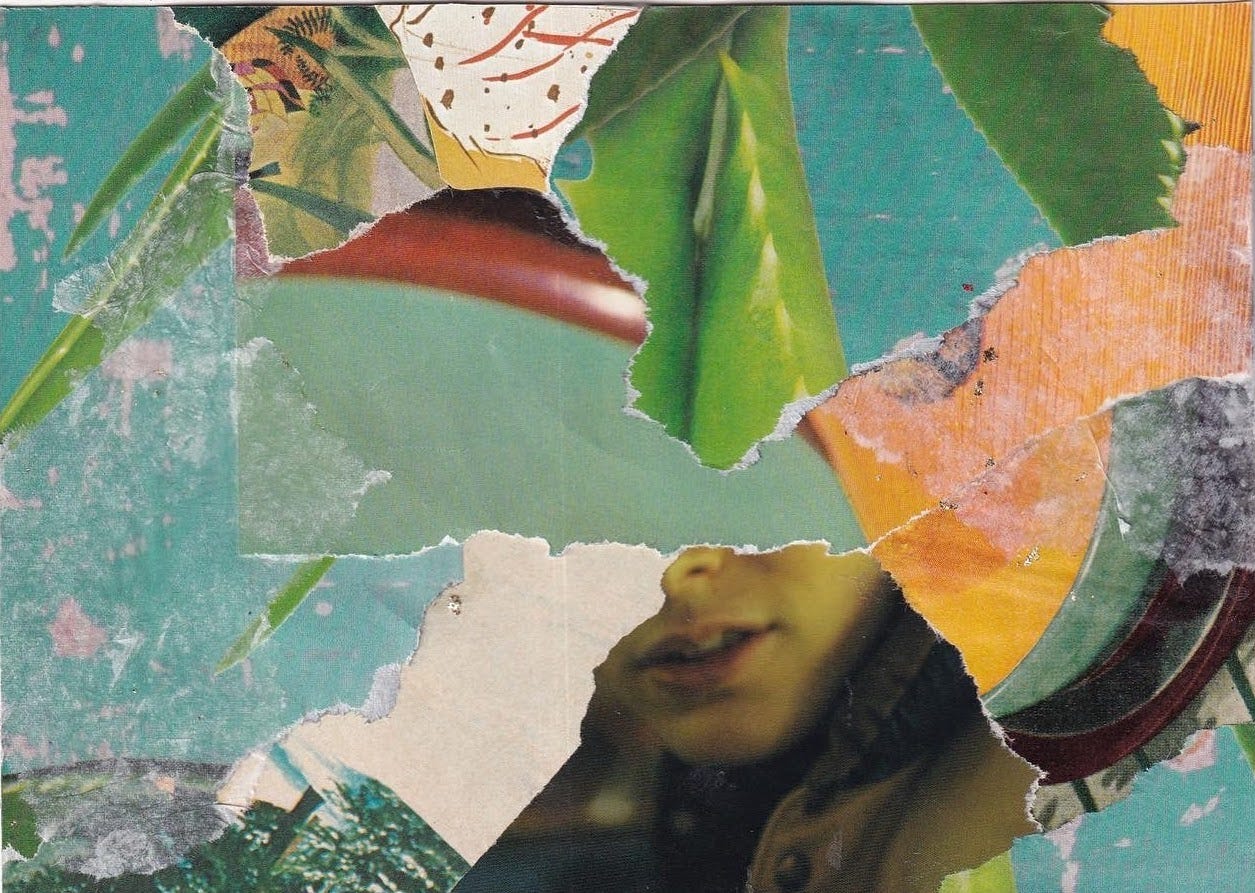 analog collage that is landscape oriented and composed primarily of ripped paper in greens and aqua colors. At bottom right there is a scrap with a boy's nose and lips showing; around him are scraps that obscure the rest of his body and illuminate the context of green papers with pops of mustard yellow, rusty red, and a light pink