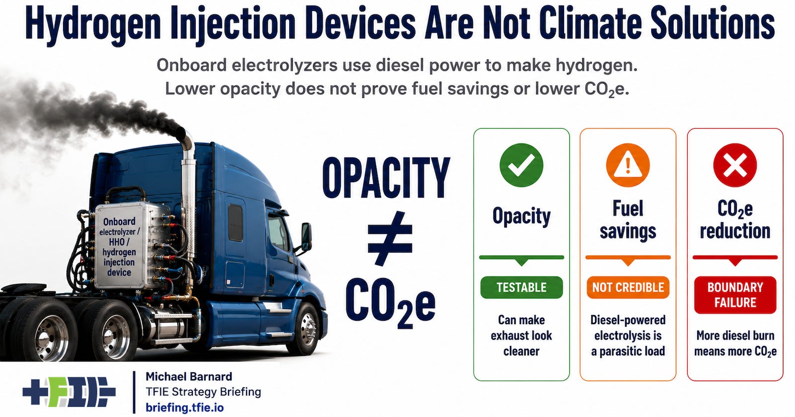 Graphic showing a diesel truck with an onboard hydrogen injection device and verdict cards rejecting fuel savings and carbon dioxide equivalent claims.