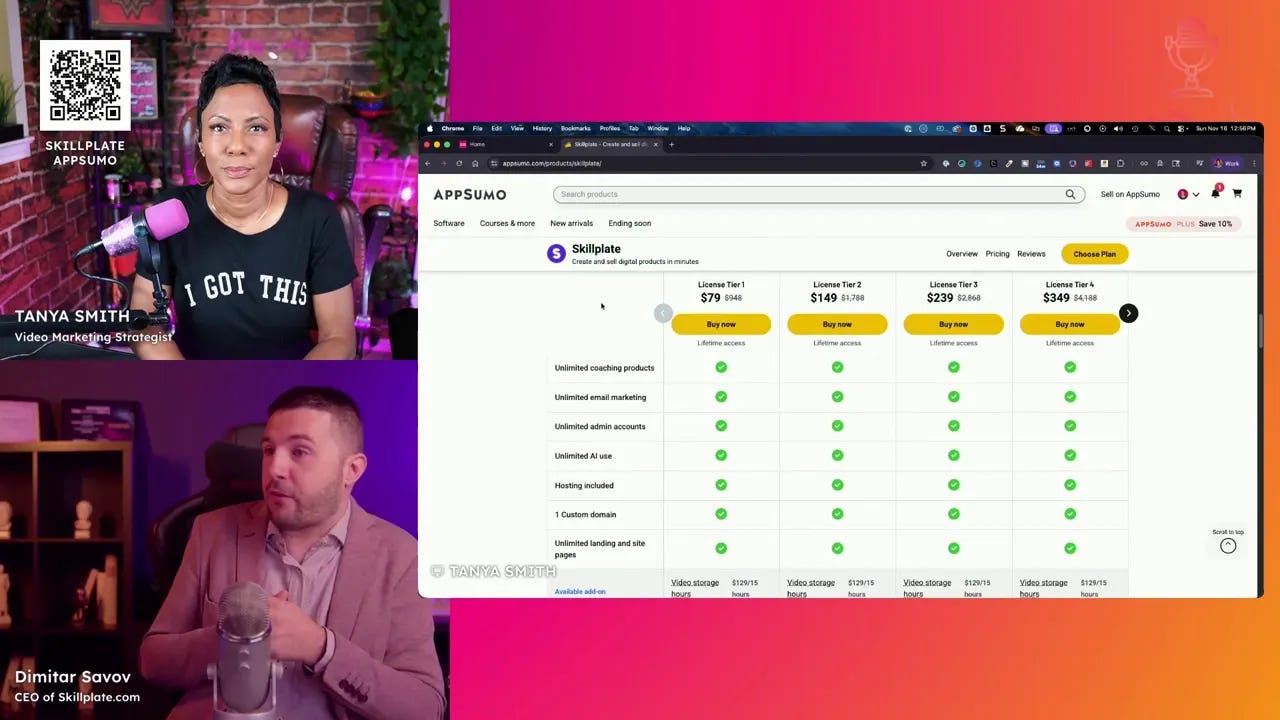 Clear screenshot of a pricing tiers grid for a digital product platform shown beside two presenters in a video recording