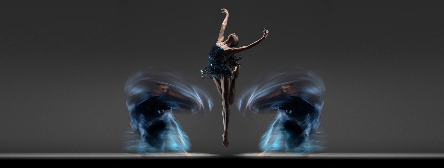 Company dancer Adji Cissoko jumping between two blurred dancers on either side Company dancer Adji Cissoko jumping between two blurred dancers on either side