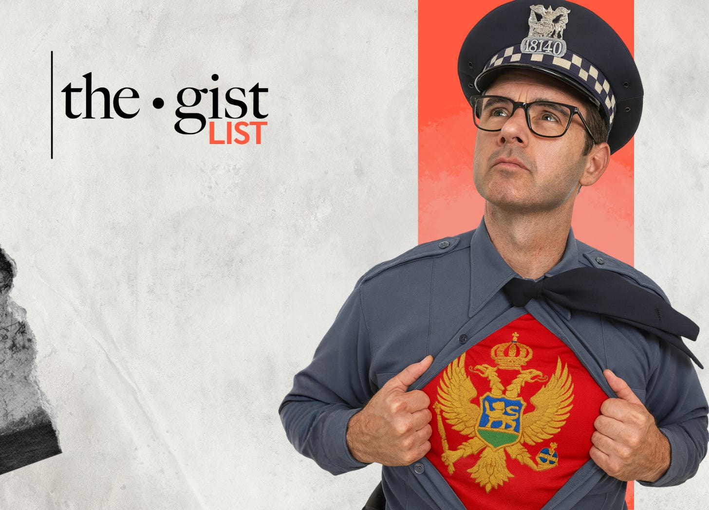 A photorealistic image of a male Chicago police officer wearing a Chicago Police Department cap and glasses, opening his button-up uniform shirt like Clark Kent to reveal a Montenegro flag underneath