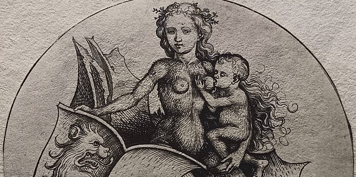 Martin Schongauer, Wild Man Holding a Shield with a Greyhound, c. 1480-1490, Wild Woman Holding a Shield with a Lion's Head MET