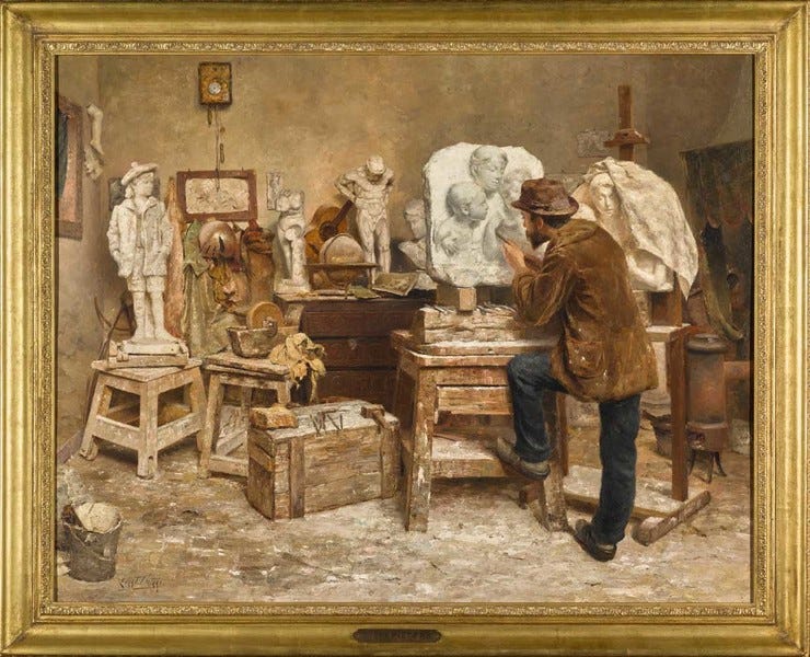 'The Sculptor Alphonse van Beurden in his Studio' - olieverf op op paneel: Evert Pieters