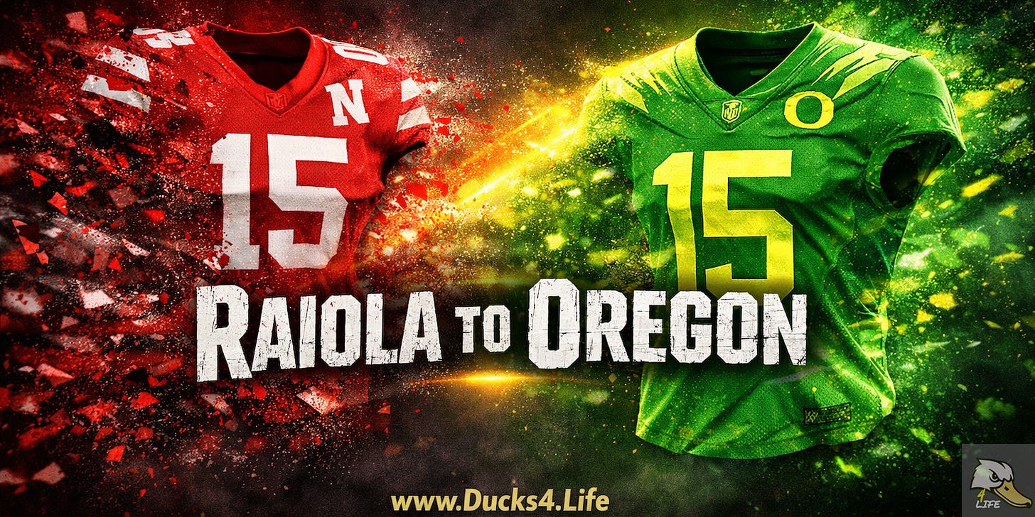 Nebraska Cornhuskers number 15 football jersey and transforming into an Oregon Ducks number 15 jersey, symbolizing QB Dylan Raiola’s transfer to Oregon. Deals on seats, fan gear and premium Oregon Football coverage at Ducks4.Life 