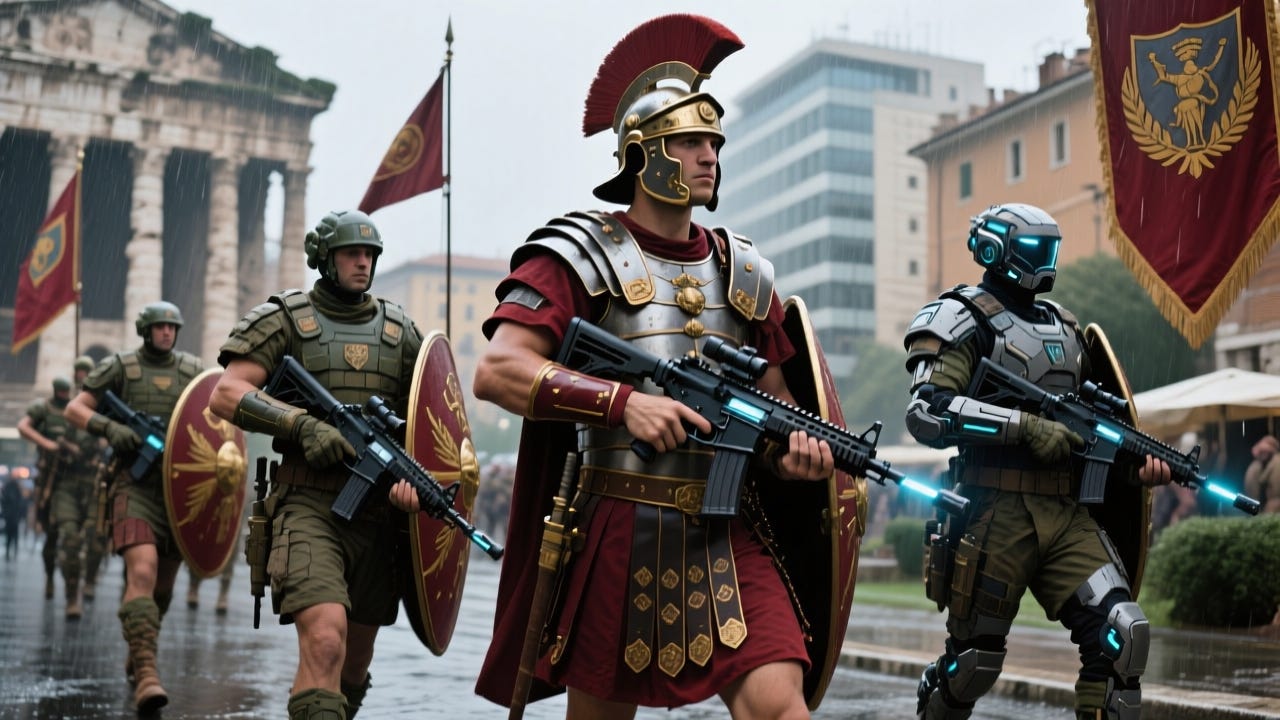 rainy background in urban environment blending ancient Rome and modern architecture. several soldiers march holding futuristic rifles and a blend of Roman centurion armour combined with futuristic military armour. Roman insignia and flags everywhere.