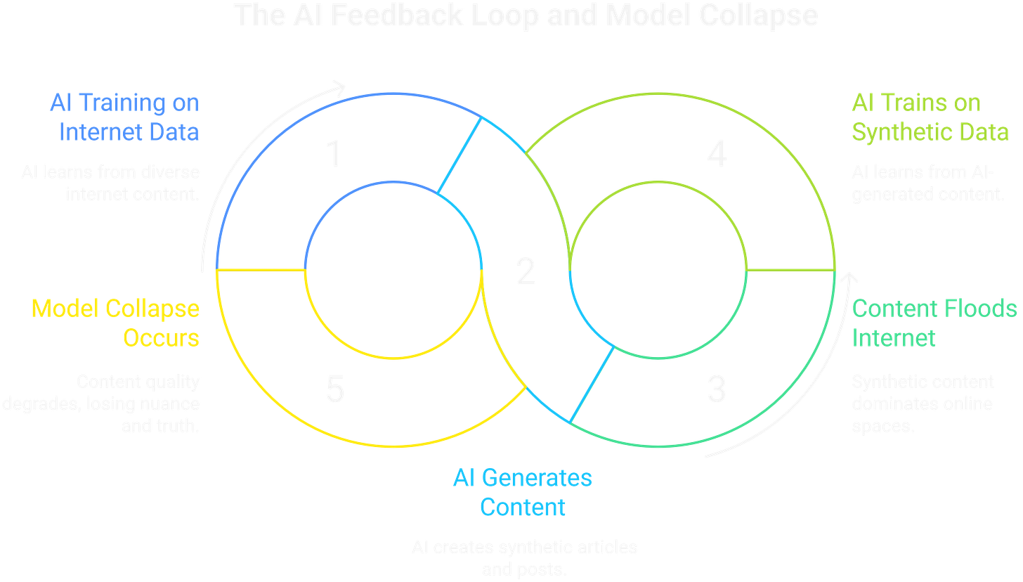 AI training on AI-generated content creates model collapse, erasing truth and replacing it with algorithmic averages.