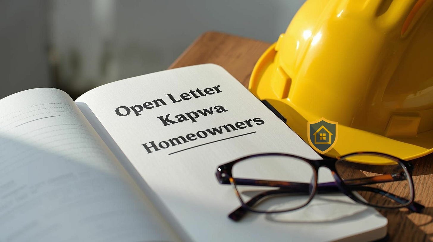 Open letter on desk with construction blueprints, calculator, and hard hat representing homeowner protection and transparency in Philippine construction projects
