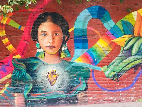 Images of murals with birds, butterflies, hearts, and hands