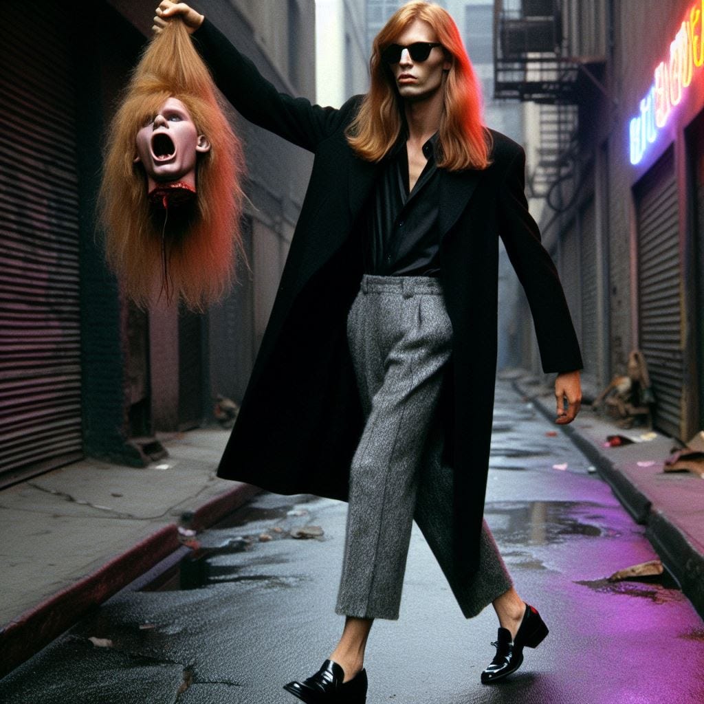 nouvelle vague film still from 1976 of a lithe red-blonde long-haired man with high cheekbones and an angular jawline is holding his own detached head by the hair, walking down a back alley in a neon-lit hollywood, wearing a black silk trenchcoat worn open, dark sunglasses, black italian leather loafers, and silver-grey mohair trousers cropped at the ankle. the mouth of the head emits an eerie purple light. nouvelle vague film still from 1976 of a lithe red-blonde long-haired man with high cheekbones and an angular jawline is holding his own detached head by the hair, walking down a back alley in a neon-lit hollywood, wearing a black silk trenchcoat worn open, dark sunglasses, black italian leather loafers, and silver-grey mohair trousers cropped at the ankle. the mouth of the head emits an eerie purple light.