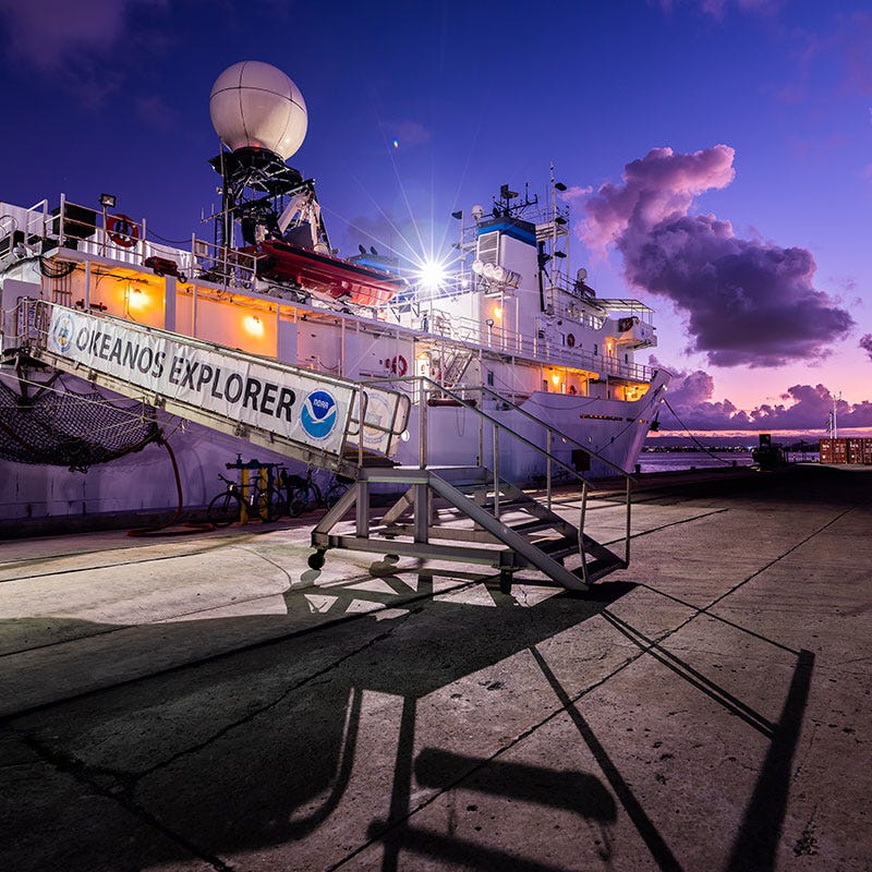 NOAA Ship Okeanos Explorer in port in San Juan, Puerto Rico, prior to the start of the expedition. Image courtesy of Art Howard, GFOE, Exploring Deep-sea Habitats off Puerto Rico and the U.S. Virgin Islands. NOAA Ship Okeanos Explorer in port in San Juan, Puerto Rico, prior to the start of the expedition. Image courtesy of Art Howard, GFOE, Exploring Deep-sea Habitats off Puerto Rico and the U.S. Virgin Islands.