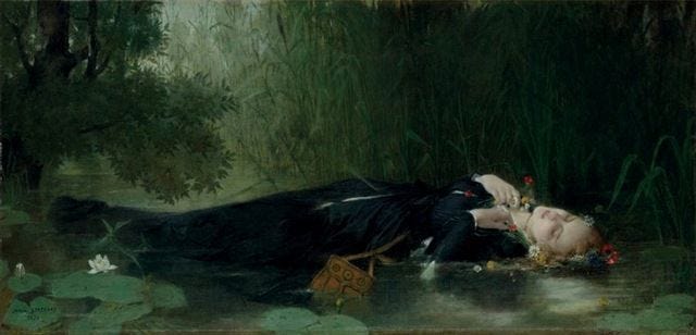 This may contain: a painting of two people laying on the ground in water with lily pads around them