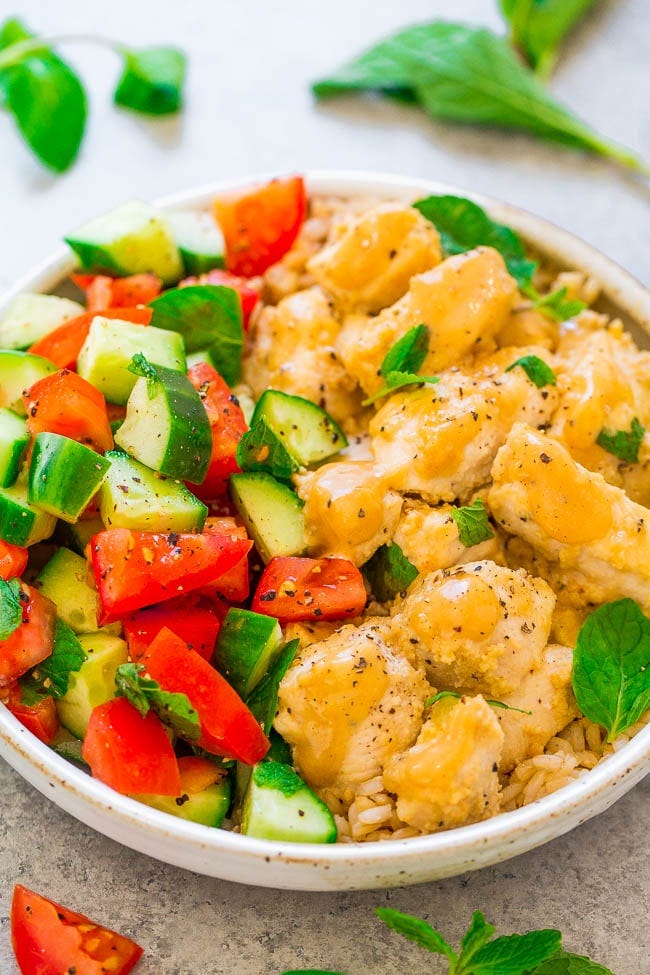 Tahini Chicken with Cucumber, Tomato, and Mint Salad - Juicy chicken coated in a flavorful TAHINI sauce with a zesty MINT salad on the side!! EASY, ready in 20 minutes, HEALTHY, and so tasty!!