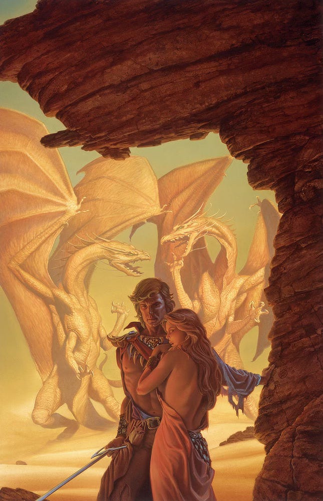 In the heat of the harsh desert, a man and woman take refuge as a pair of dragons with wings flared claw and snarl at each other. The Dragon Prince extends one arm against rust colored rock for support. While his features are chiseled and his expression stoic, the set of his eyes reflect thoughts turned inward. His free hand grips his sword held low as the princess, with eyes pressed shut, leans close in a moment of vulnerability as they've just escaped from a harrowing experience. In the heat of the harsh desert, a man and woman take refuge as a pair of dragons with wings flared claw and snarl at each other. The Dragon Prince extends one arm against rust colored rock for support. While his features are chiseled and his expression stoic, the set of his eyes reflect thoughts turned inward. His free hand grips his sword held low as the princess, with eyes pressed shut, leans close in a moment of vulnerability as they've just escaped from a harrowing experience.