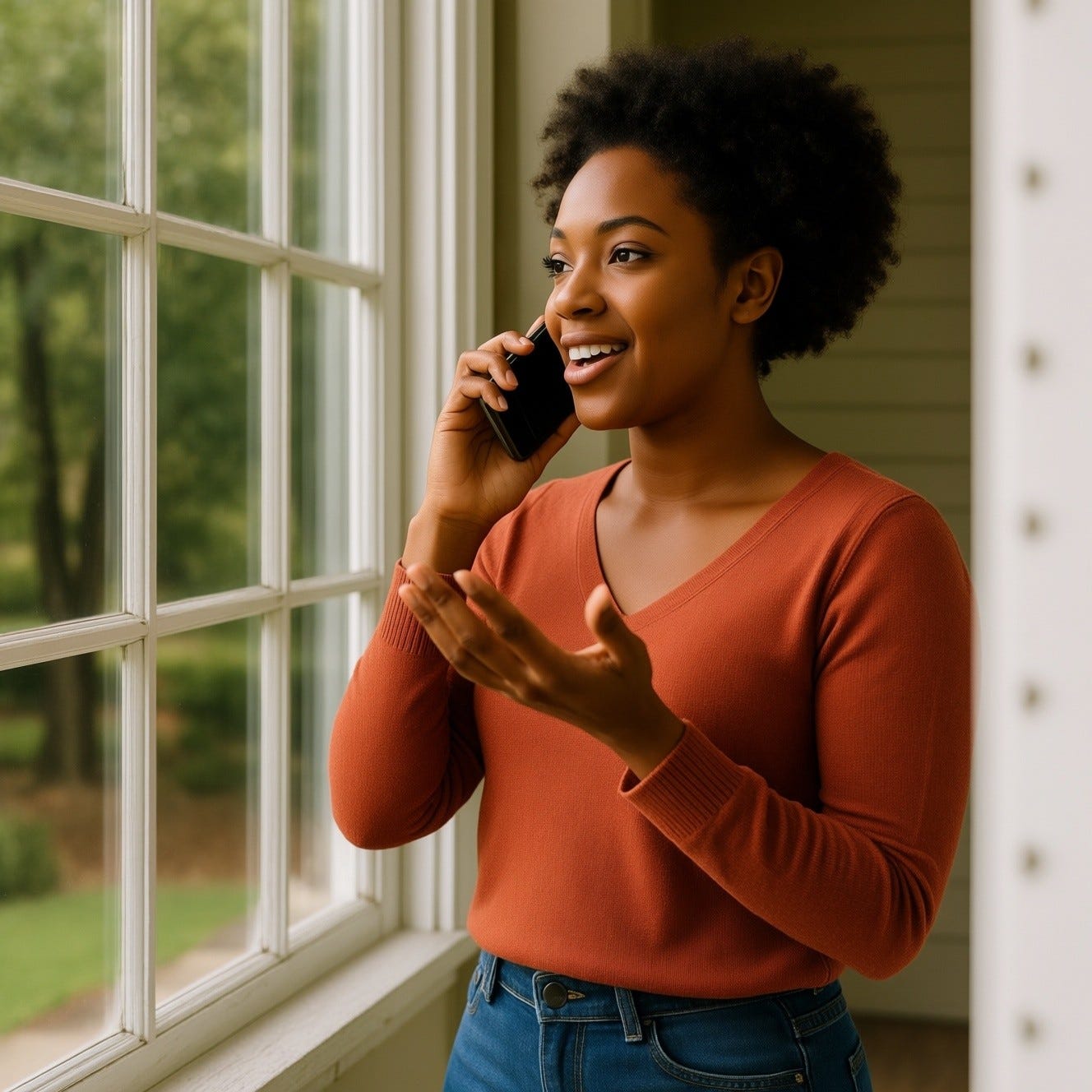 Provide me a realistic image of a young African American woman standing at the window on the porch saying her declaration with her cell phone Provide me a realistic image of a young African American woman standing at the window on the porch saying her declaration with her cell phone