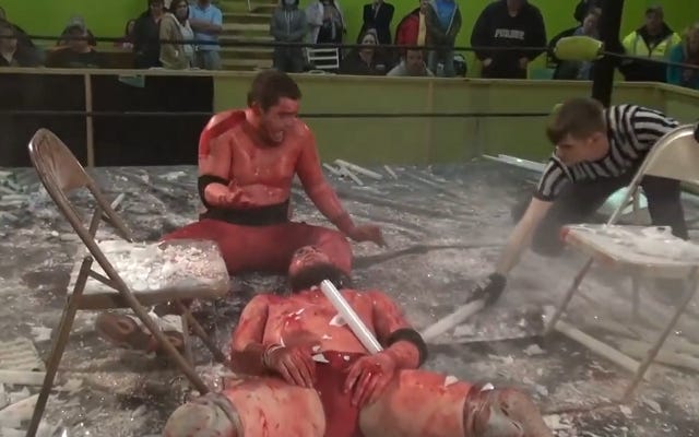 [Screenshot: Crane and Patricks after Tiger Suplex finish]