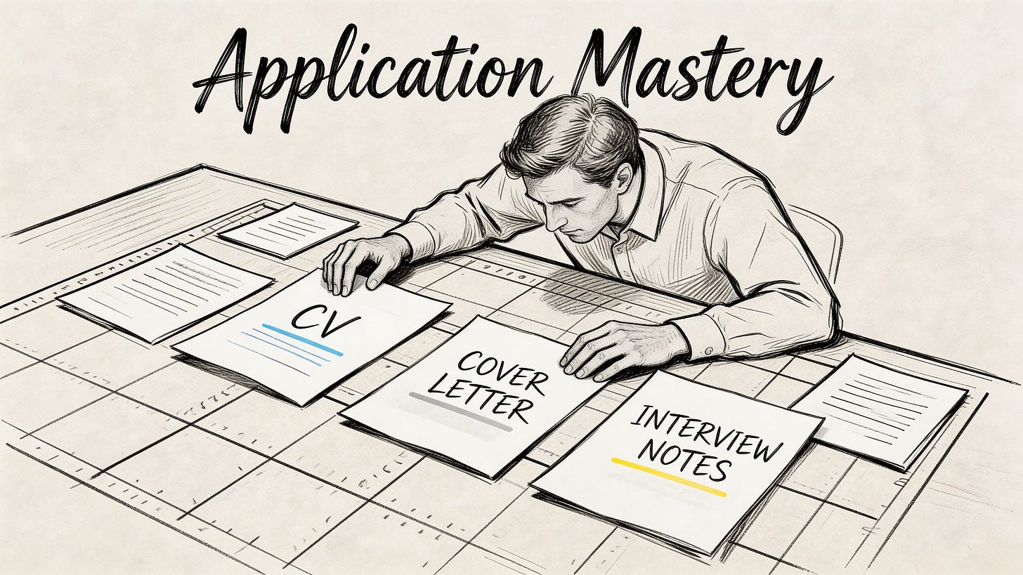 A professional man studying important career application documents including a CV, cover letter, and interview notes.