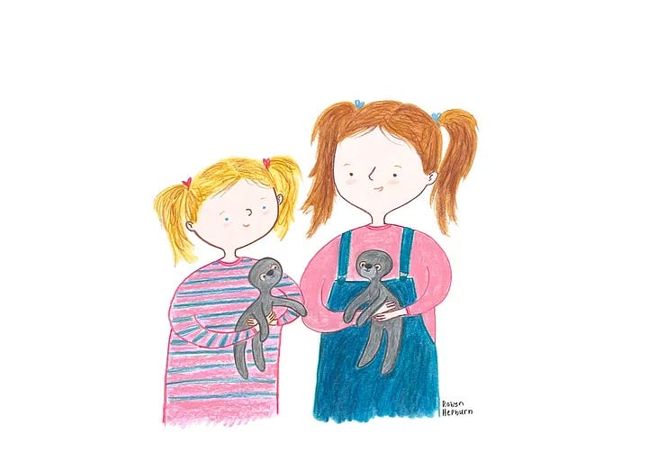 A gallery of cartoon illustrations showing various pets, grandparents, parents, and children smiling, holding hands, and hugging