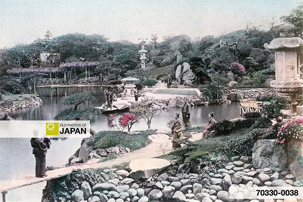 Hand colored albumen print by Kuichi Uchida of a traditional Japanese garden in Tokyo, ca. 1869 Hand colored albumen print by Kuichi Uchida of a traditional Japanese garden in Tokyo, ca. 1869