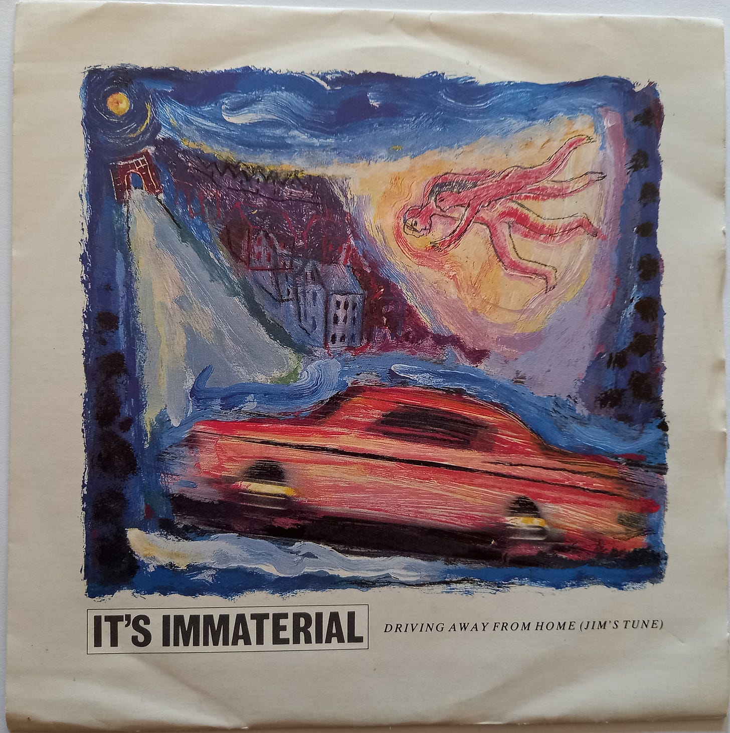 The sleeve of the It's Immaterial single Driving Away From Home. It has a painting of a car.