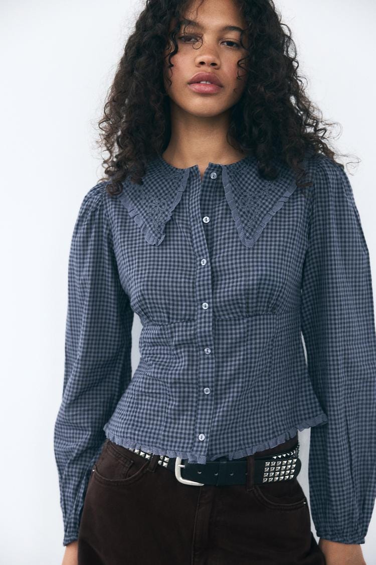 Zara BIB COLLAR GINGHAM SHIRT - Blue / Black - Image 1