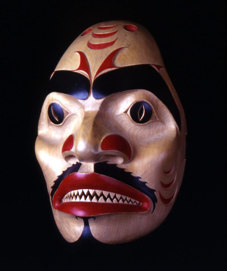 Jack Hudson, Shark Spirit Mask, c. 1992. Alder, acrylic paint, leather, wax. Collection of the Anchorage Museum of Art.
