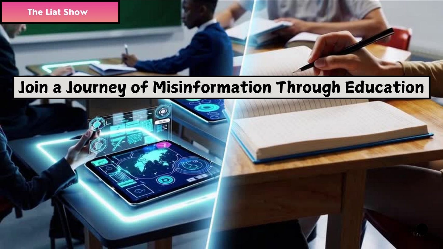 A split-screen classroom showing students writing in notebooks on one side and using futuristic holographic tablets on the other. The Liat Show explores the shift from traditional education to digital learning.