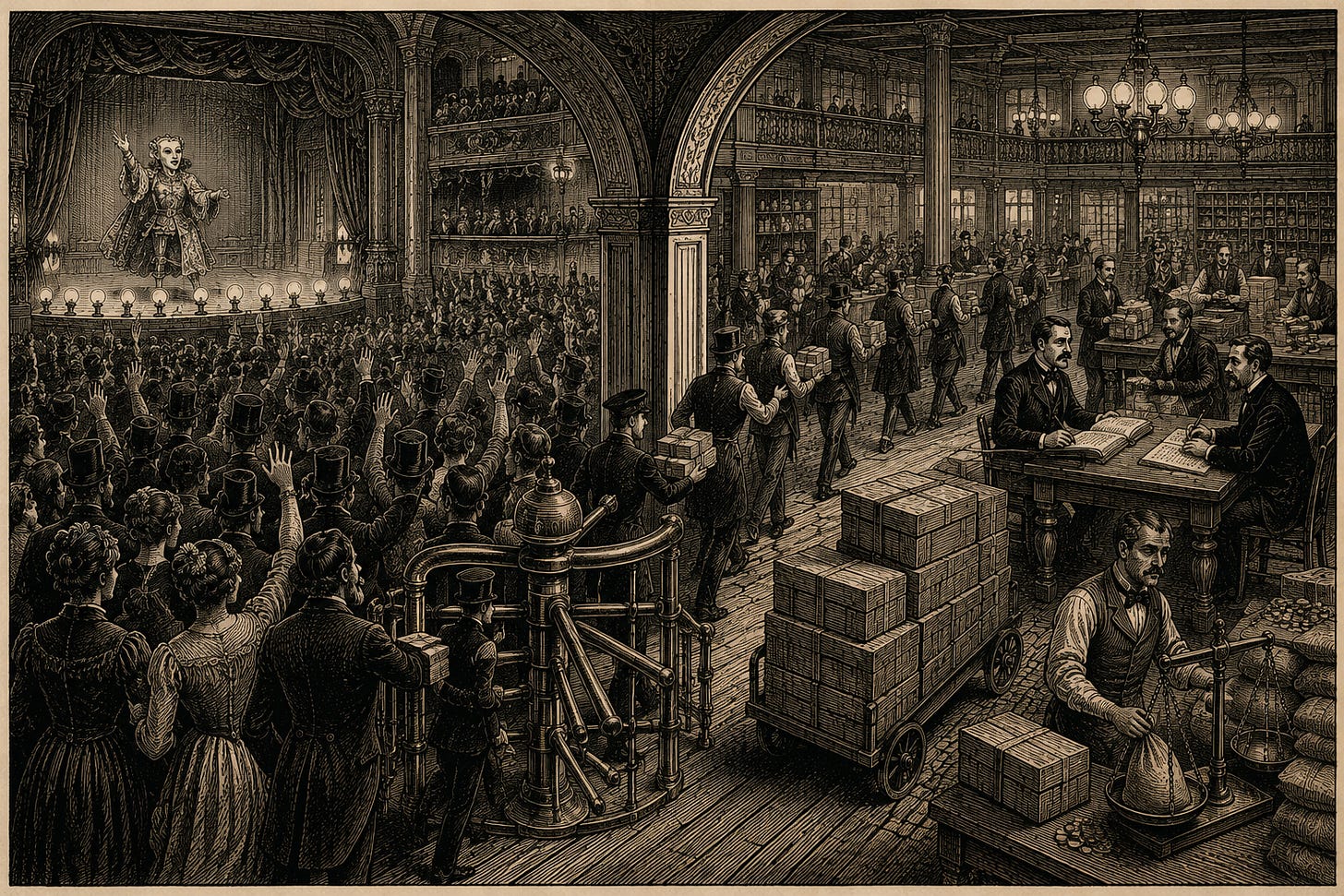 Wood-engraving editorial illustration in the Thomas Nast Harper's Weekly style for Attention Capital's essay The Graduation Problem, showing the VTuber revenue machine at work. A packed concert hall feeds through a grand archway and brass turnstile into a counting-house floor of contracts, crates of merchandise, and scales of coin. The image argues that COVER and ANYCOLOR convert live attention into licensing deals, concert gates, and physical goods, the categories with counterparties and paper, with more than 80% of COVER's revenue coming from merchandise, events, and licensing rather than streaming. Keywords: VTuber agency revenue, hololive concerts, licensing, merchandising, attention economy, media finance.