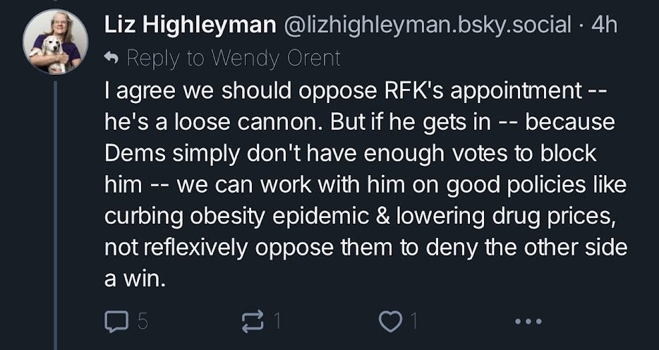 Liz Highleyman bsky post: "we can work with RFK Jr. on good policies like curbing obesity epidemic & lowering drug prices" Liz Highleyman bsky post: "we can work with RFK Jr. on good policies like curbing obesity epidemic & lowering drug prices"